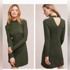 Anthropologie Hutch Dress Size Large Striped Green/Black Knit Mini Back Cutout